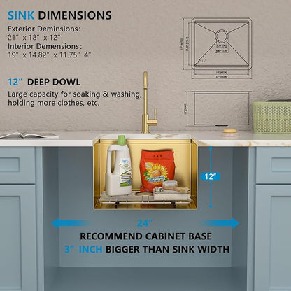 21"x18" Undermount Laundry Utility Sink Workstation – Brushed Gold NANO-PVD, 16 Gauge 304 Stainless Steel, 12 Inch Deep Single Bowl Sink Basin for Laundry Room, RV or Utility Use