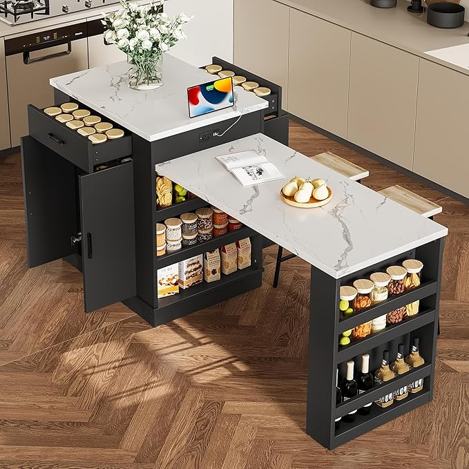 Modern Extendable Dining Table with Drawers, Kitchen Island with Double-Door Cabinet and Open Shelving, Serves as Dining Table, Temporary Breakfast Bar, and Afternoon Tea Lounge (Black/52c)