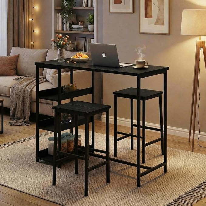 GarveeHome 3-Piece Kitchen Table Set with Storage Shelves & 2 Bar Stools - Iron and Wood Dining Table for Small Spaces, Apartments, Condos, Black