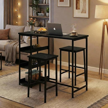 GarveeHome 3-Piece Kitchen Table Set with Storage Shelves & 2 Bar Stools - Iron and Wood Dining Table for Small Spaces, Apartments, Condos, Black