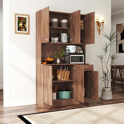 71" Tall Kitchen Pantry Cabinet,Sideboard Buffet Cabinet with 6 Doors and Shelves,Kitchen Island with Microwave Stand,Kitchen Hutch Storage Cabinet with 1 Drawer for Kitchen,Kitchen Cabinet (Walnut)