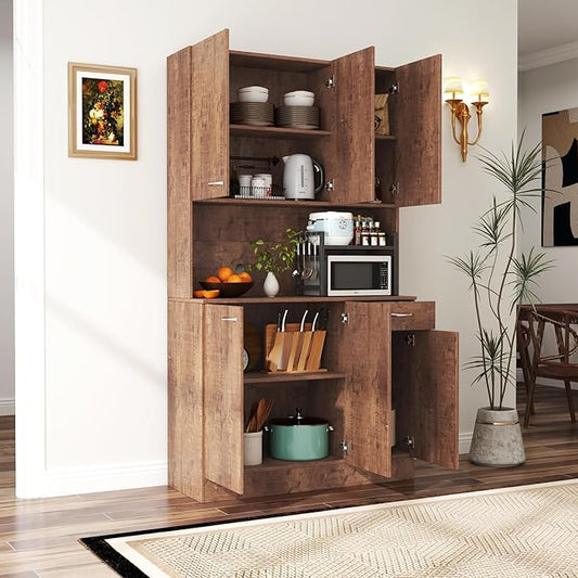 71" Tall Kitchen Pantry Cabinet,Sideboard Buffet Cabinet with 6 Doors and Shelves,Kitchen Island with Microwave Stand,Kitchen Hutch Storage Cabinet with 1 Drawer for Kitchen,Kitchen Cabinet (Walnut)