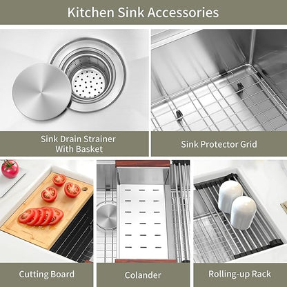 33 Inch Undermount Kitchen Sink, NANO-PVD 304 Stainless Steel Kitchen Sinks, 16 Gauge Deep Single Bowl Workstation Sink with Ledge & Accessories, 33"x19"x9" Deep and Large Basin