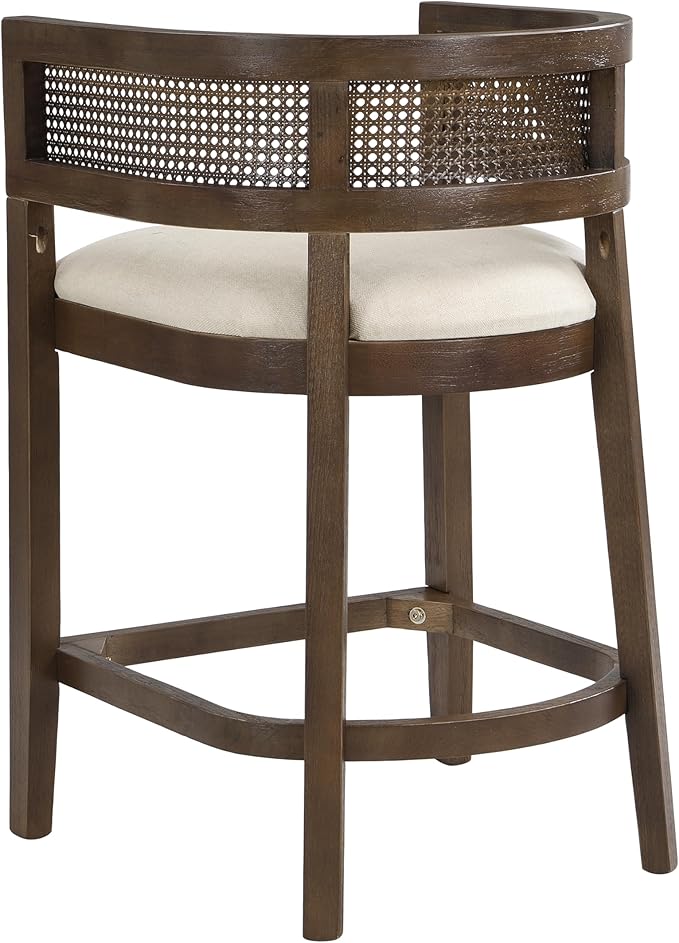 Set of 2 Upholstered Arm Counter Stools with Solid Rubberwood Frame & Natural Rattan Caned Back,Soft Padded Seating,Transitional Farmhouse Chairs for Kitchen Island Dining Room,25.5" H Walnut
