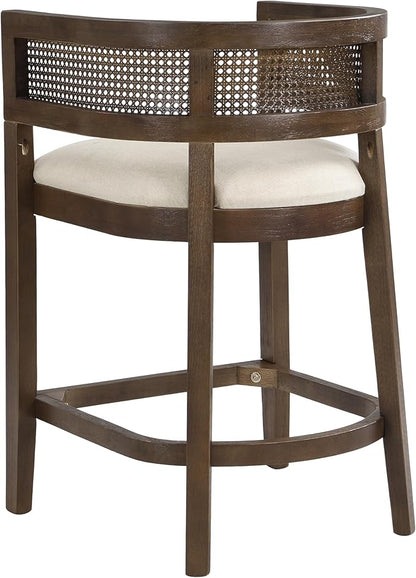 Set of 2 Upholstered Arm Counter Stools with Solid Rubberwood Frame & Natural Rattan Caned Back,Soft Padded Seating,Transitional Farmhouse Chairs for Kitchen Island Dining Room,25.5" H Walnut
