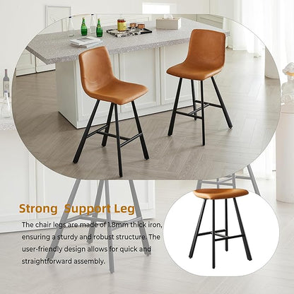 26" Counter Height Bar Stools Set of 2,Faux Leather Barstools with Ergonomic Backrest & Footrest, Sturdy Black Metal Frame PU Bar Chairs for Kitchen Island, Home Bar, Restaurant (Cognac)
