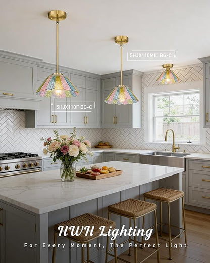 Gold Pendant Light, HWH 10.4-inch Hanging Light Fixture for Living Room, Dining Room, Bedroom, Pendant Lights Kitchen Island with Colored Floral Glass, Gold Finish, 5HJX110MIL BG-C