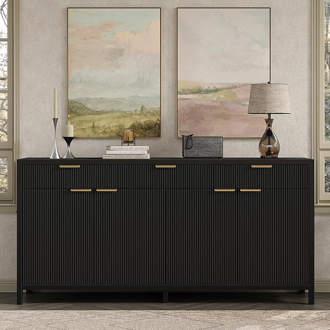Yanosaku 66" W Fluted Buffet Cabinet, Sideboard Storage Cabinet with 3 Drawers & 2 Cabinets, Mid-Century Coffee Bar Table for Living Room, Black