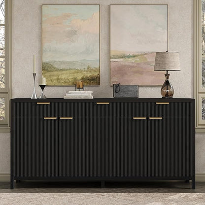 Yanosaku 66" W Fluted Buffet Cabinet, Sideboard Storage Cabinet with 3 Drawers & 2 Cabinets, Mid-Century Coffee Bar Table for Living Room, Black