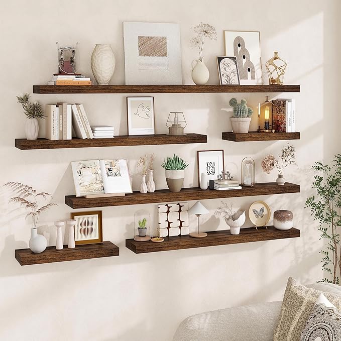 Fun Memories Floating Shelves for Wall, 48Inch Long Floating Shelves Set of 1, Hanging Shelf with Invisible Brackets, Wood Shelves for Living Room, Bedroom, Kitchen, Brown