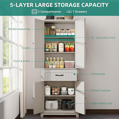 YITAHOME 72.6" H Farmhouse Kitchen Pantry Cabinet, Freestanding Tall Storage Cabinet with 4 Doors, Drawer and Adjustable Shelves, Tall Cupboard for Dining Room, Living Room, White Oak