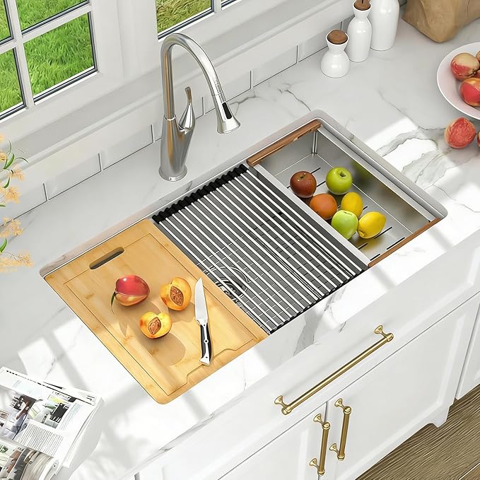 Lordear 33 Inch White Kitchen Sink Undermount Composite Granite Quartz Single Bowl Workstation 33x19x10 Inch Under Counter Kitchen Sinks
