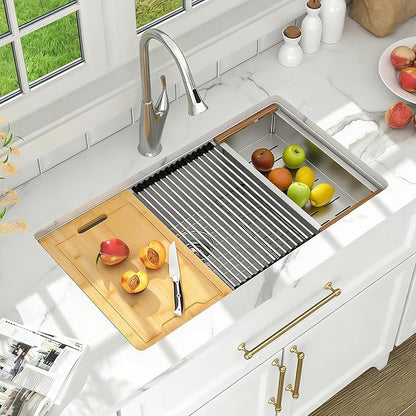 Lordear 33 Inch White Kitchen Sink Undermount Composite Granite Quartz Single Bowl Workstation 33x19x10 Inch Under Counter Kitchen Sinks