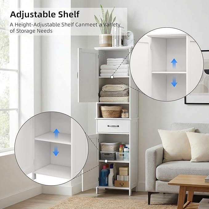 Casaphoria Tall Bathroom Storage Cabinet, 65" H Narrow Floor Cabinet with 2 Barn Doors and 1 Drawer, Freestanding Linen Tower with Adjustable Shelves, Anti-Tipping, White