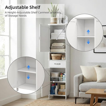 Casaphoria Tall Bathroom Storage Cabinet, 65" H Narrow Floor Cabinet with 2 Barn Doors and 1 Drawer, Freestanding Linen Tower with Adjustable Shelves, Anti-Tipping, White