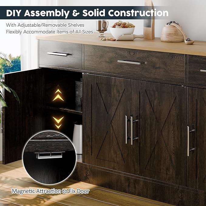 SUNLEI Kitchen Buffet Sideboard Cabinet, Farmhouse Storage Cabinet with 4 Doors and 3 Drawers, Wooden Base Cabinet with Adjustable Shelf for Living Room, Brown