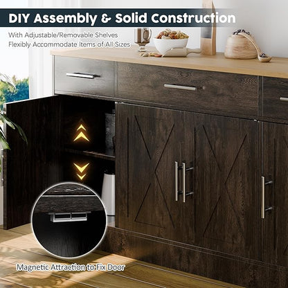 SUNLEI Kitchen Buffet Sideboard Cabinet, Farmhouse Storage Cabinet with 4 Doors and 3 Drawers, Wooden Base Cabinet with Adjustable Shelf for Living Room, Brown