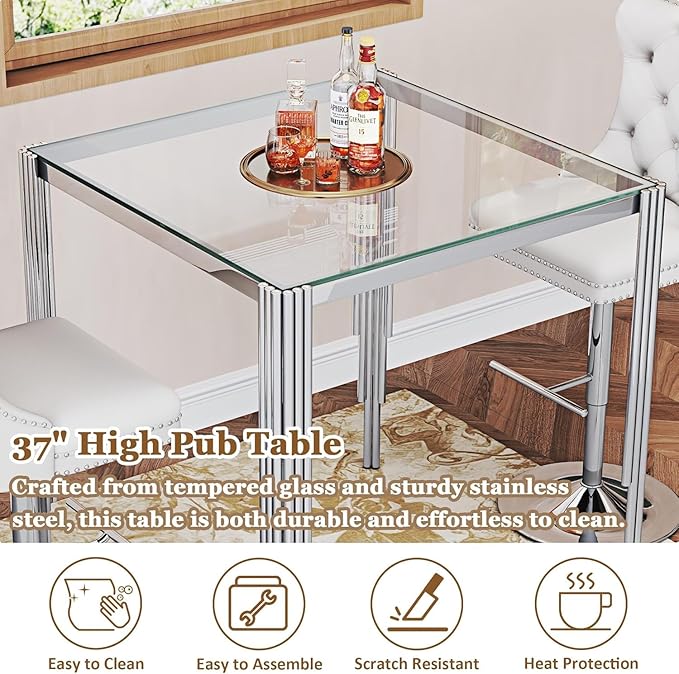 Glass Square Bar Table for 4, 37" Modern High Pub Table with Clear Tempered Glass Top and Polished Silver Stainless Steel Legs, Counter Height Table for Kitchens, Apartments, and Small Spaces