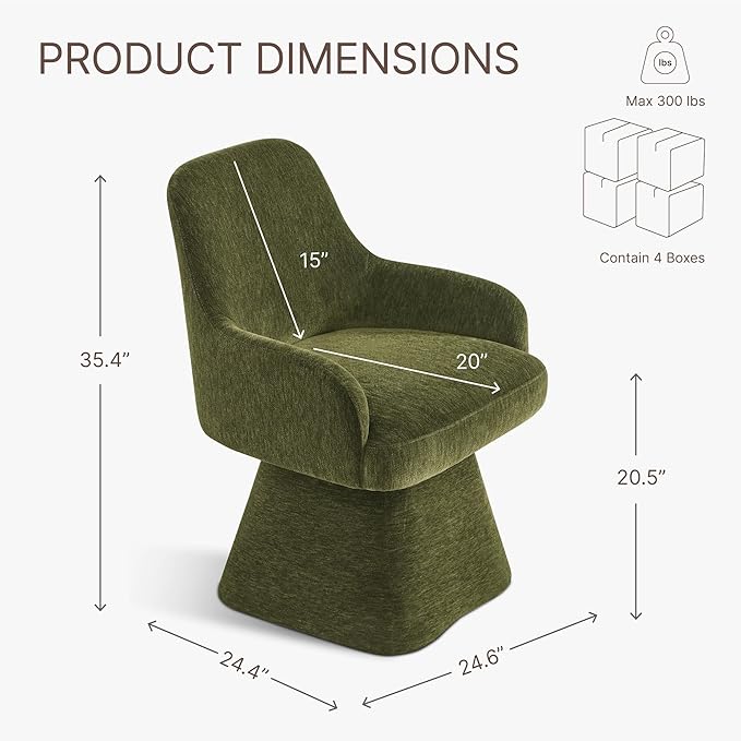 KISLOT Swivel Dining Chairs Set of 4, Mid Century Modern Chairs Fabric Upholstered Armchair with Armrest & Ergonomic Backrest for Dining Room, Kitchen, Bedroom, Living Room, Green, 4 Boxs