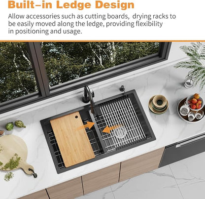 Black 33"x19" Kitchen Sink Workstation - 50/50 Double Bowl Stainless Steel Undermount Kitchen Sink Built-in Ledge Drop In Workstation Sink For Placing/Sliding Accessories-Cutting Board,Drying Rack