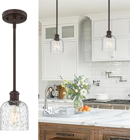 zeyu Farmhouse Hanging Light Fixture, Kitchen Island Pendant Lights, 1-Light Adjustable Hanging Light with Clear Hammered Glass, Oil Rubbed Bronze Finish, ZJF63MIL ORB