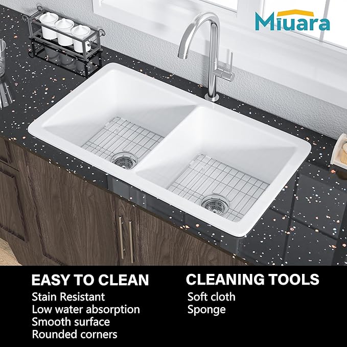 Miuara White Undermount Kitchen Sink 32 Inch Double Bowl 50/50 - Topmount Fireclay Drop In Sink 32"x19"x10", Dual Mount, Heavy Duty Dual Basin, with 4 Custom Accessories, Glossy White, for Kitchen