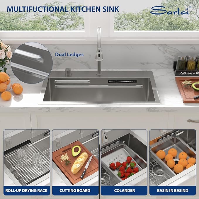 Sarlai 31 Inch Waterfall Kitchen Sink Drop In - 31x20 Waterfall Sink Ledge Workstation Stainless Steel 16 Gauge Multifunction Single Bowl Top Mount Kitchen Basin with Faucet Combo