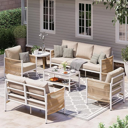 Aluminum Outdoor Patio Furniture Set with Dual-Layer Coffee Table, 5 Piece Modern Patio Conversation Sets with PE Rope, Outdoor Sectional Sofa with Thick Cushions for Balcony, Deck, Ivory