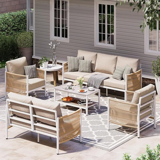 Aluminum Outdoor Patio Furniture Set with Dual-Layer Coffee Table, 5 Piece Modern Patio Conversation Sets with PE Rope, Outdoor Sectional Sofa with Thick Cushions for Balcony, Deck, Ivory