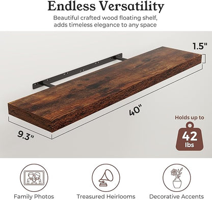 Floating Shelves for Wall, 9.3" Deep Wall Mounted Wood Shelves for Bathroom, Bedroom, Living Room, Kitchen, Hanging Shelf for Books/Storage/Room Decor (Brown, 40")