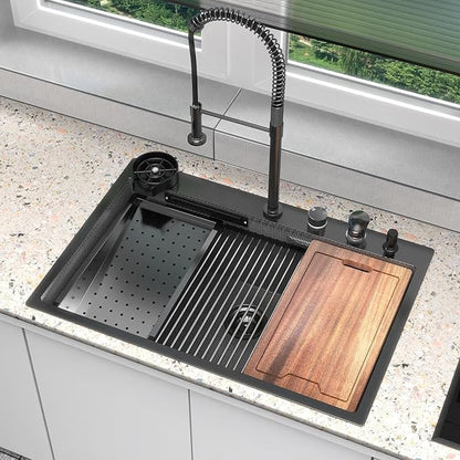 33x22 inch Waterfall Kitchen Sink Metal Black -Feibus 33inch Drop In Sink with Faucet Combo Double Step Workstation16 Gauge Multifunctional Stainless Steel Single Bowl