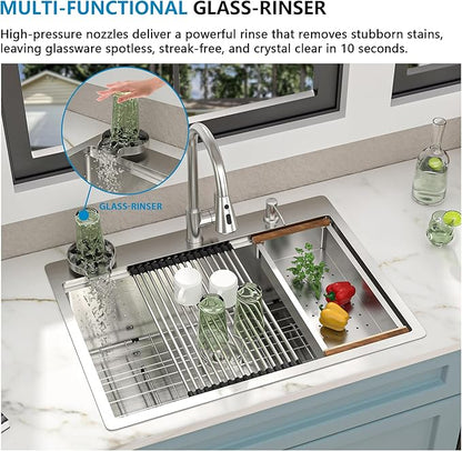 28"x22" Drop In Kitchen Sink Ledge Workstation – 16 Gauge 304 Stainless Steel Top Mount Overmount Single Bowl Sink Basin with Faucet Combo & Glass Rinser