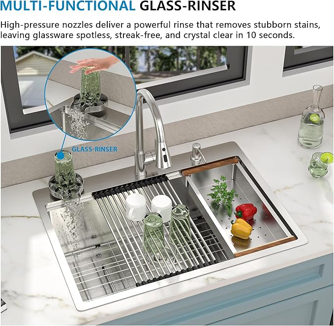 30"x22" Drop In Kitchen Sink Ledge Workstation – 16 Gauge 304 Stainless Steel Top Mount Overmount Single Bowl Sink Basin with Faucet Combo & Glass Rinser