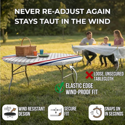 Kwik-Covers 10 Pack of Round Plastic Table Covers - 60" or 72" Round - Indoor or Outdoor Fitted Covers (Tables NOT Included) (Patriotic, 60" Round)