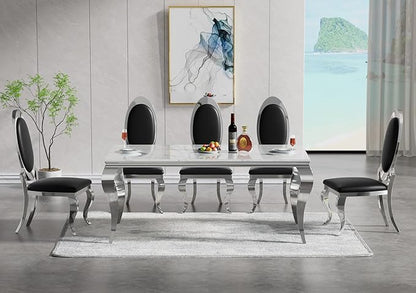 Modern Dining Table for 6-8, 68 Inch White Marble Kitchen Table with Silver Mirrored Cabriole Legs, Luxurious Rectangular Faux Marble Dining Room Table for Dining Room,Living Room(No Chairs)