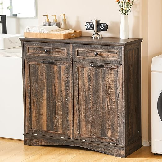Double Tilt Out Trash Cabinet Freestanding Wooden Garbage Can Cabinet with Hideaway Drawers, 2x13 Gallons Pet Proof Garbage Can Holder for Kitchen Living Room, Rustic Brown
