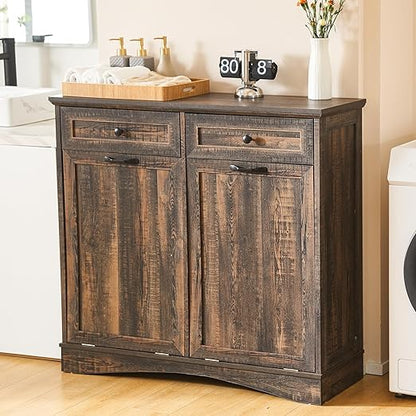Double Tilt Out Trash Cabinet Freestanding Wooden Garbage Can Cabinet with Hideaway Drawers, 2x13 Gallons Pet Proof Garbage Can Holder for Kitchen Living Room, Rustic Brown