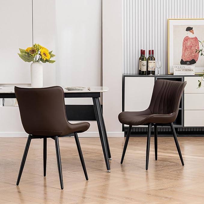 Kidol & Shellder Dining Chairs Set of 2, Mid Century Modern Kitchen Chairs with Black Metel Legs, PU Leather Upholstered Side Chair for Dining Room, Living Room, Lounge, Restaurant, Brown