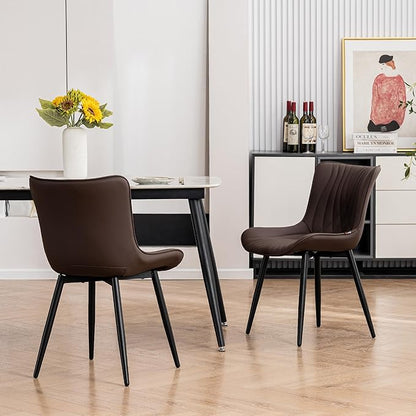 Kidol & Shellder Dining Chairs Set of 2, Mid Century Modern Kitchen Chairs with Black Metel Legs, PU Leather Upholstered Side Chair for Dining Room, Living Room, Lounge, Restaurant, Brown
