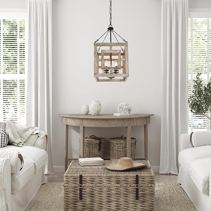 Farmhouse Chandelier, Rustic Square Wood Pendant Chandeliers Haning Light Fixture for Dining Room, Bedrooms, Living Room, Entryway