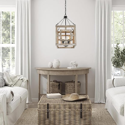 Farmhouse Chandelier, Rustic Square Wood Pendant Chandeliers Haning Light Fixture for Dining Room, Bedrooms, Living Room, Entryway