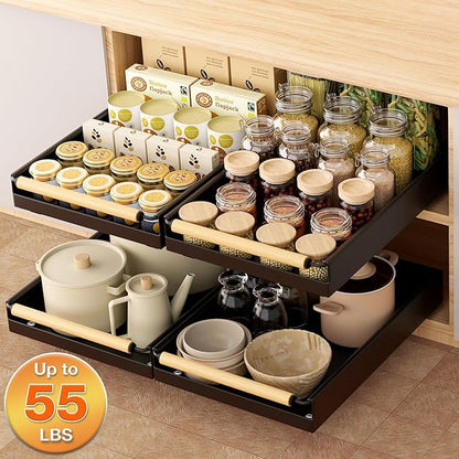 Pull out Cabinet Organizer, 16" Deep Pull Out Drawer for Kitchen Cabinets Adhesive with Nano Film, Slide out Cabinet Organizer Shelf for Pantry Bathroom Organization Black
