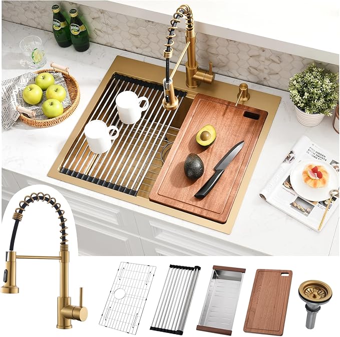25x22 Gold Drop In Kitchen Sink with Faucet - 25 Inch Stainless Steel Drop In Sink and Faucet Combo, Gold Single Bowl Kitchen Sink Workstation with Accessories