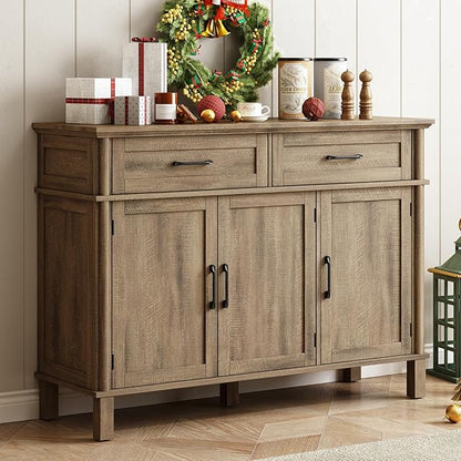 48 Inches Buffet Cabinet with Storage, Farmhouse Sideboard Buffet w/2 Drawers and 3 Doors, Wood Coffee Bar Cabinet with Adjustable Shelves, Sideboard Storage for Kitchen, Living Room, Washed Grey