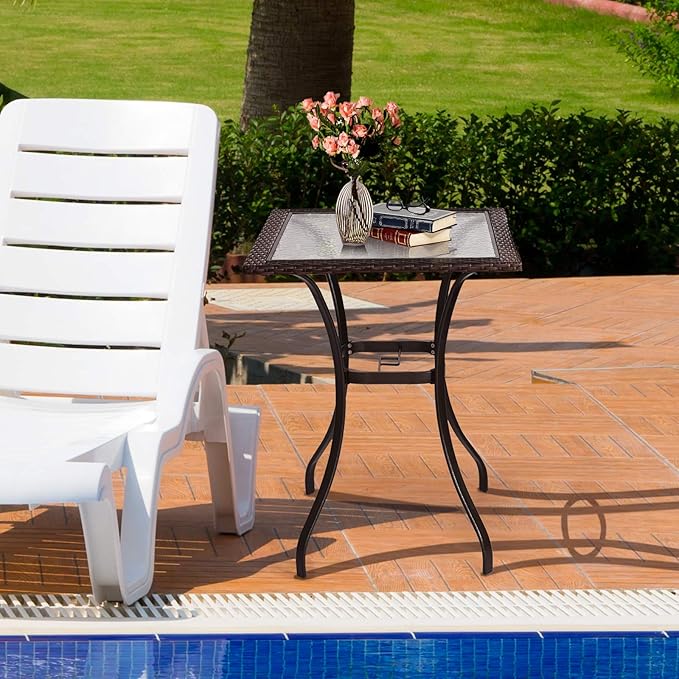 LDAILY Moccha 28.5" Patio Table, Outdoor Dining Bistro Table w/Umbrella Hole, Tempered Glass Top & Steel Frame, Backyard Balcony Furniture Garden Table