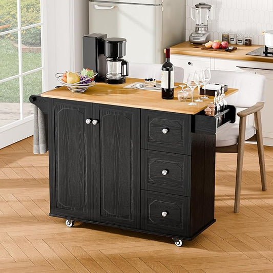 Rolling Kitchen Island Cart with Drop Leaf, Portable Kitchen Trolley with Storage Cabinet, Drawer, Shelf and Towel Bar, Breakfast Bar on Wheels for Home Use, Sleek Black
