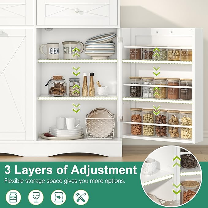 kepptory Tilt Out Trash Can Cabinet for 12 Gallon Trash Can, Modern Kitchen Island Cabinet with Adjustable Shelf and 2 Drawers for Hidden Laundry Basket, Dog Proof Garbage Can, White