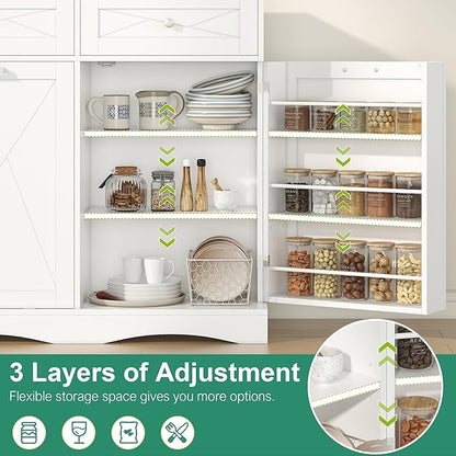 kepptory Tilt Out Trash Can Cabinet for 12 Gallon Trash Can, Modern Kitchen Island Cabinet with Adjustable Shelf and 2 Drawers for Hidden Laundry Basket, Dog Proof Garbage Can, White