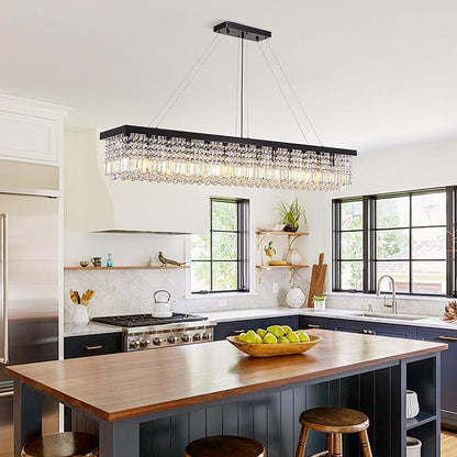 59-inch Modern Crystal Chandelier,13-Light K9 Crystal Rectangle Chandelier for Dining Room,Kitchen Island Adjustable Hanging Pendant Light Fixture,Black Finish