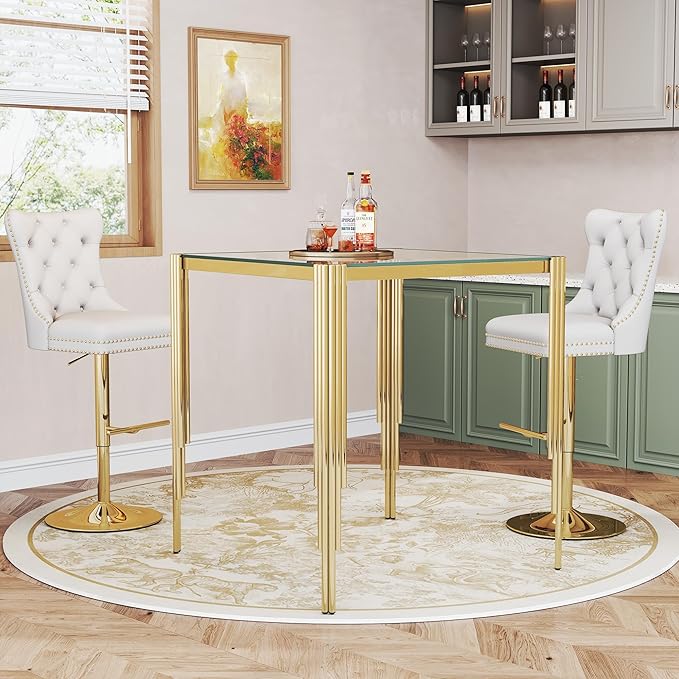 Glass Square Bar Table, 37" Modern High Pub Table with Clear Tempered Glass Top and Polished Gold Stainless Steel Legs, Counter Height Table for Kitchens, Apartments, and Small Spaces